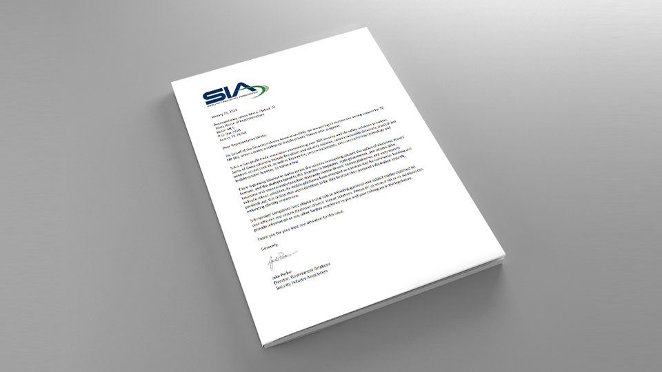 SIA support letter for Texas mobile driver's license legislation