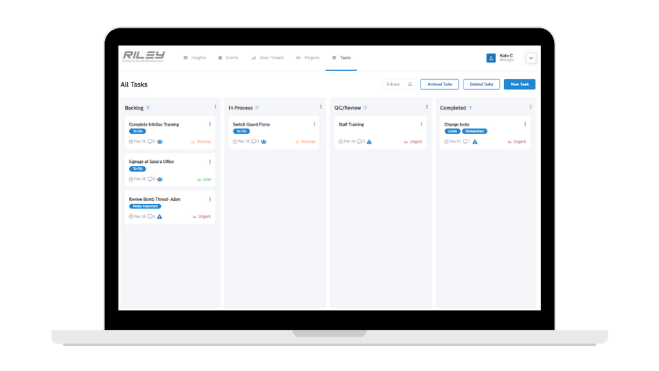 Riley’s kanban style task management feature provides real-time data on work in progress.