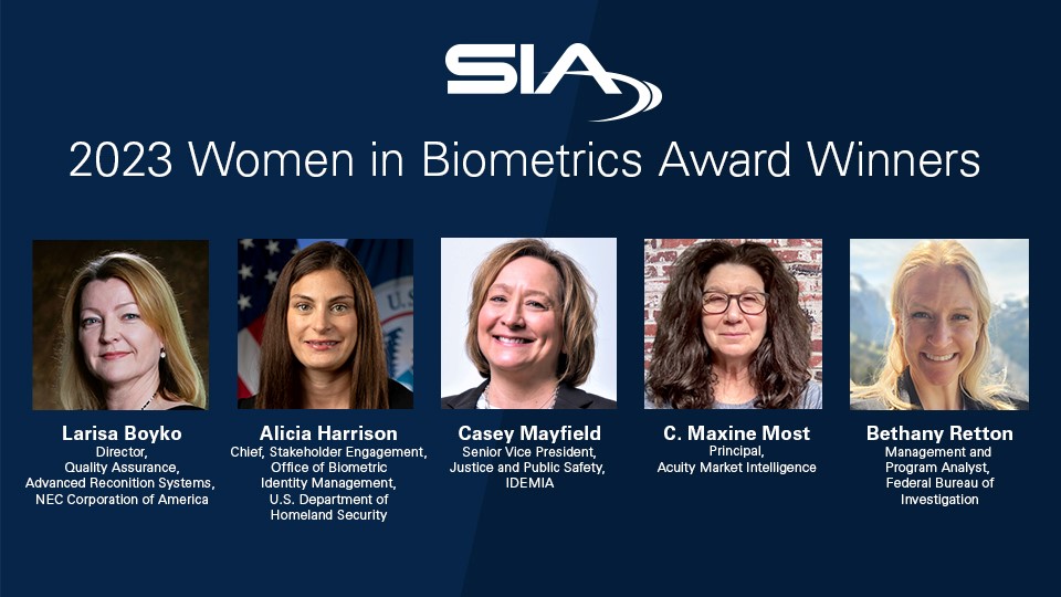 SIA Women in Biometrics Awards Winners Larisa Boyko, NEC Corporation of America; Alicia Harrison, U.S. Department of Homeland Security; Casey Mayfield, IDEMIA; C. Maxine Most, Acuity Market Intelligence; Bethany Retton, FBI